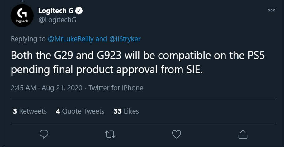 Logitech offizielles Statement zur PS5 Kompatibilität des Logitech G29 und G923
