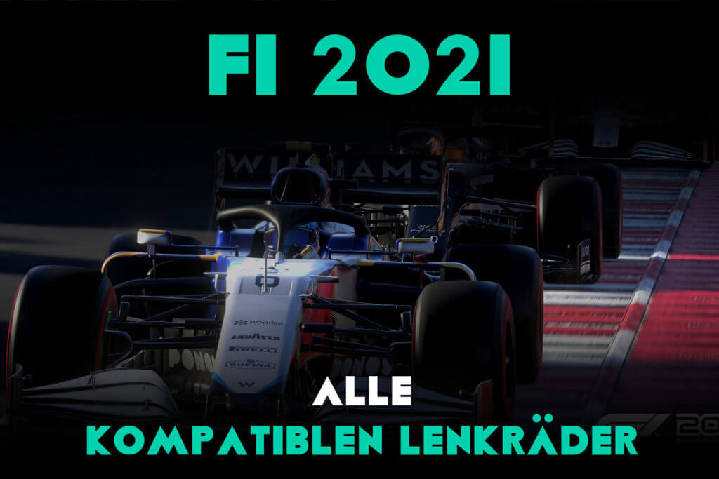 Kompatible Lenkräder für F1 2021.  Formel 1 Auto aus dem Spiel im Hintergrund.